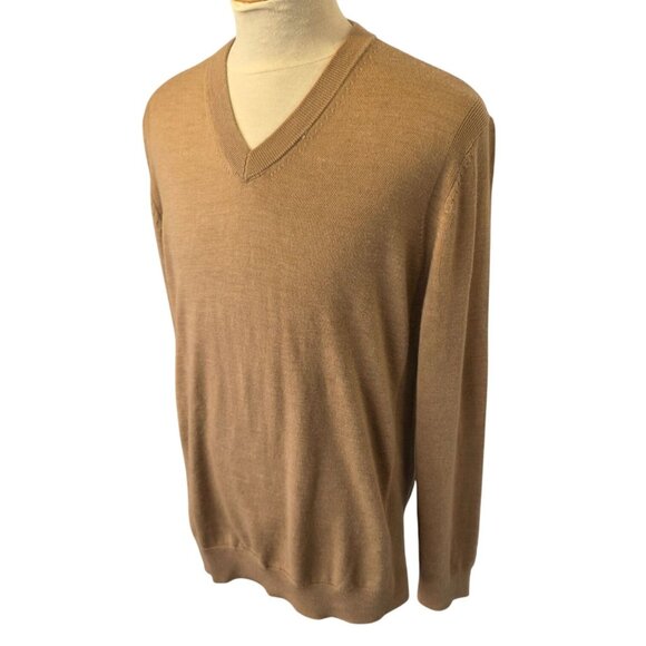 Express Merino Wool V-Neck Sweater Mens Sz L Beige/Tan Lightweight Knit Pullover - Picture 2 of 10